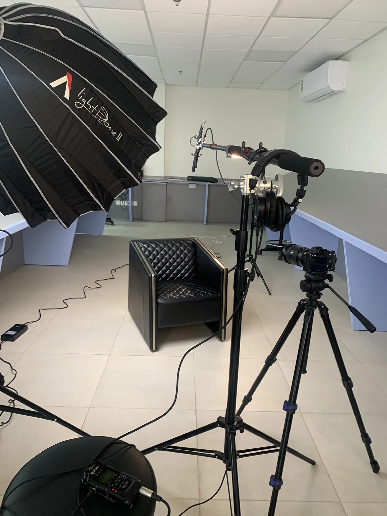 The lighting, camera and audio setup for the educational series.