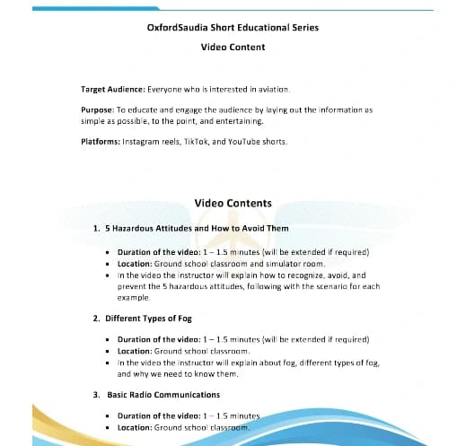 The original educational-series planning document: audience, purpose, formats and proposed topics.