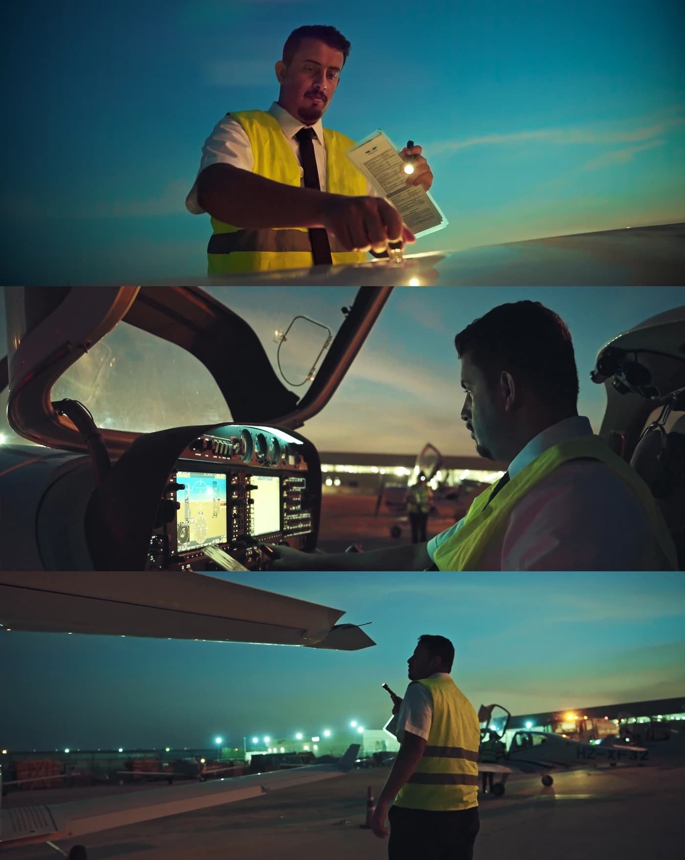 Three final-graded frames, from preflight to the cockpit.